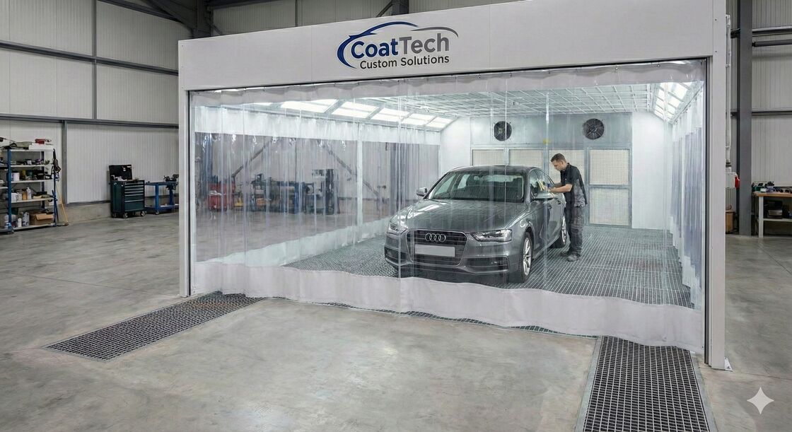 CoatTech Infrared Paint Curing Preparation Station with Overhead Rail System and Short-Wave IR Heater Cassettes